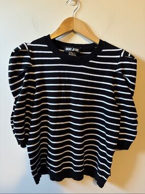 DKNY Black and White Striped Knit Top